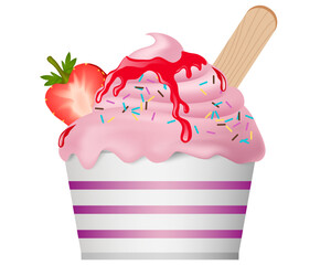 Strawberry Ice Cream or Frozen Yogurt with Sprinkles and Syrup