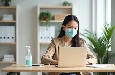Asian woman wears face mask works office during covid-19 pandemic. Businesswoman uses laptop at desk with hand sanitizer, social distancing. New normal workplace, infection prevention, safety