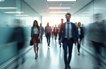 Fototapeta premium Dynamic office scenes in motion blur. Businesspeople walk fast in modern office corridor. Conveying energy productivity. Men, women in formal attire. Corporate lifestyle, busy workplace.