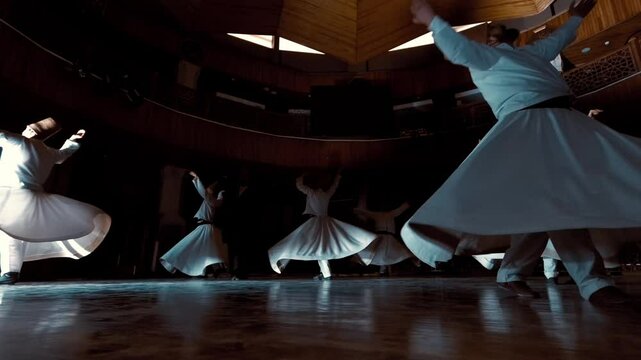Whirling Dervishes Performing Sufi Dance in Mevlevi Lodge in Slow Motion