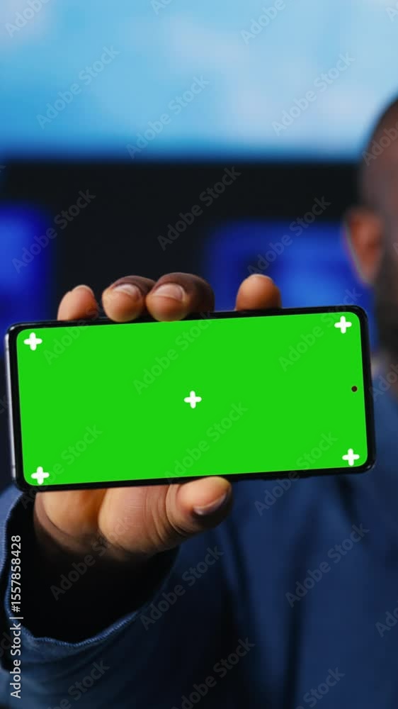 Poster vertical video black socials user shows a smartphone with isolated screen, digital system of network