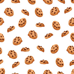 Chocolate chip cookies seamless pattern. Flat vector clipart, illustration with isolated background.