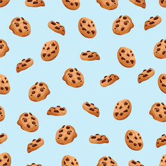 Chocolate chip cookies seamless pattern. Flat vector clipart, illustration with isolated background.