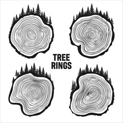 Round tree trunk cuts with trees and forest. Sawn pine or oak slices, lumber. Saw cut timber, wood. Brown wooden texture with tree rings. Hand drawn sketch. Vector illustration