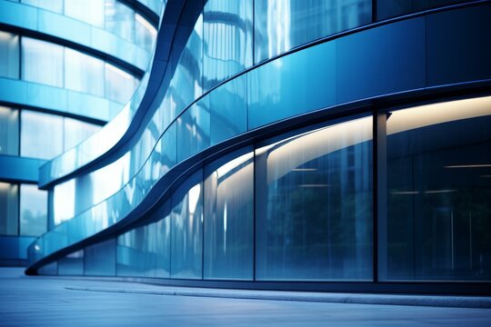 Sleek, curved glass facade of a modern building reflecting the city skyline at dusk, showcasing contemporary architecture