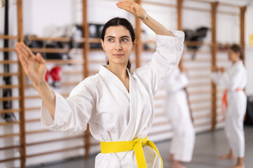 In gym, athletes of karate team rehearse punches and movements, combat algorithm is karate card....
