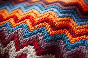 Fototapeta premium Warm and cozy knitted wool fabric showcasing a vibrant chevron pattern, creating a visually appealing wavy texture