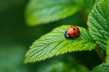 Fototapeta premium Ladybug resting atop a vibrant green leaf, creating a harmonious blend of nature's beauty and tranquility.
