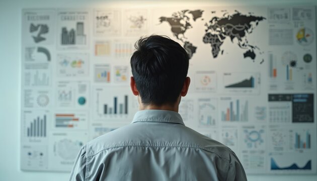 Businessman looks at strategy infographics world map on the wall. Man studying diagrams, data charts. Pro decision making process. Business problem solving. Strategic planning. Business intelligence.