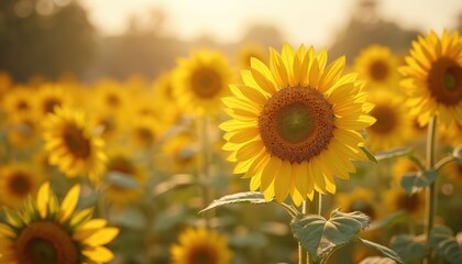Obraz premium Field sunflowers. Yellow flower heads in sunlight. Sunny summer day scene. Beautiful nature flowers. Agriculture, farming, crop, natural environment, harvest concept.