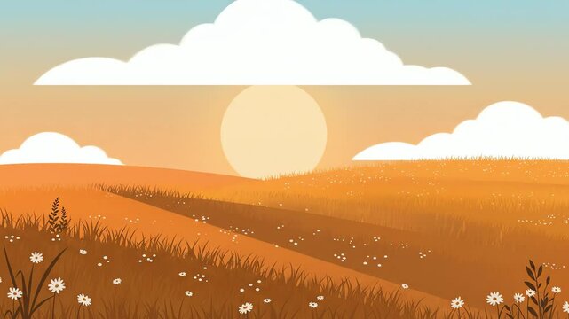 Cartoon meadow orange hills grass  white flowers under a sun  clouds