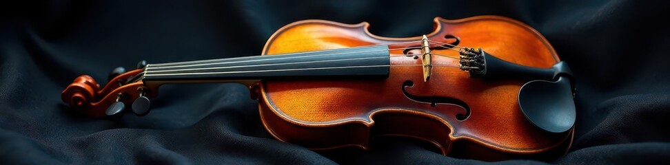 Fototapeta premium Violin with ornate golden strings against a dark velvet background, instrument, violin