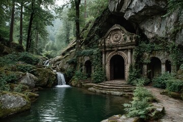 Stone edifice amid lush foliage, with waterfall and reflecting pool
