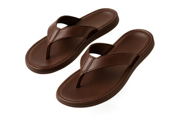 Fototapeta premium Pair of brown leather flip-flops isolated on transparent background, footwear