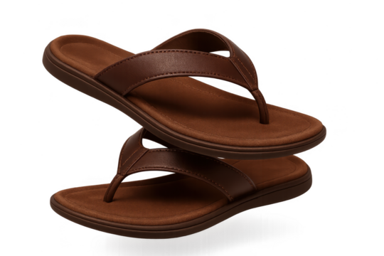 Elegant brown leather flip flops isolated on transparent background, summer shoes