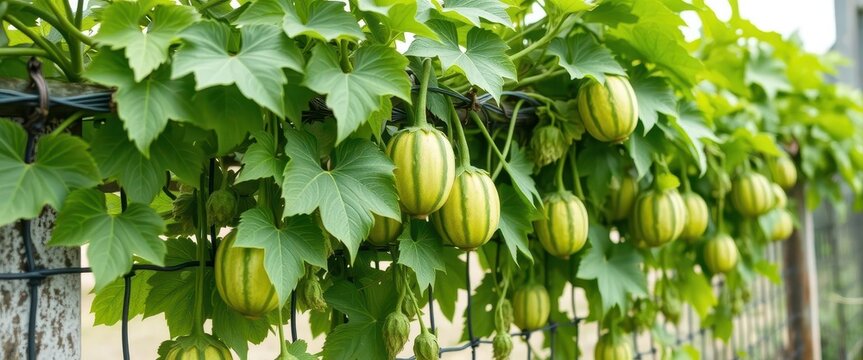 Bitter melon vines sprawling across a wire fence, green leaves and fruit visible, food, fence, ballad