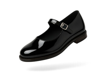 Elegant black patent leather Mary Jane shoe isolated on transparent background