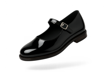 Elegant black patent leather Mary Jane shoe isolated on transparent background