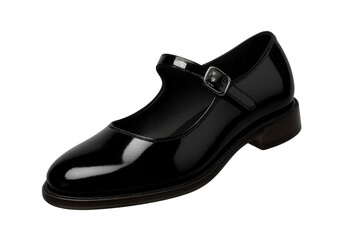 Elegant black patent leather Mary Jane shoe isolated on transparent background.