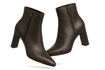 Elegant brown snakeskin ankle boots, isolated on a transparent background.