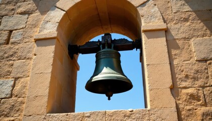 Obraz premium Ancient church bell tower with row of bells underneath, bell tower, atmospheric lighting