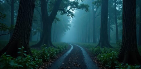 Dark, mysterious forest path shrouded in heavy rain , damp, downpour, gothic