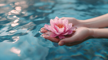 Gentle hands holding a blooming pink lotus flower above shimmering blue water