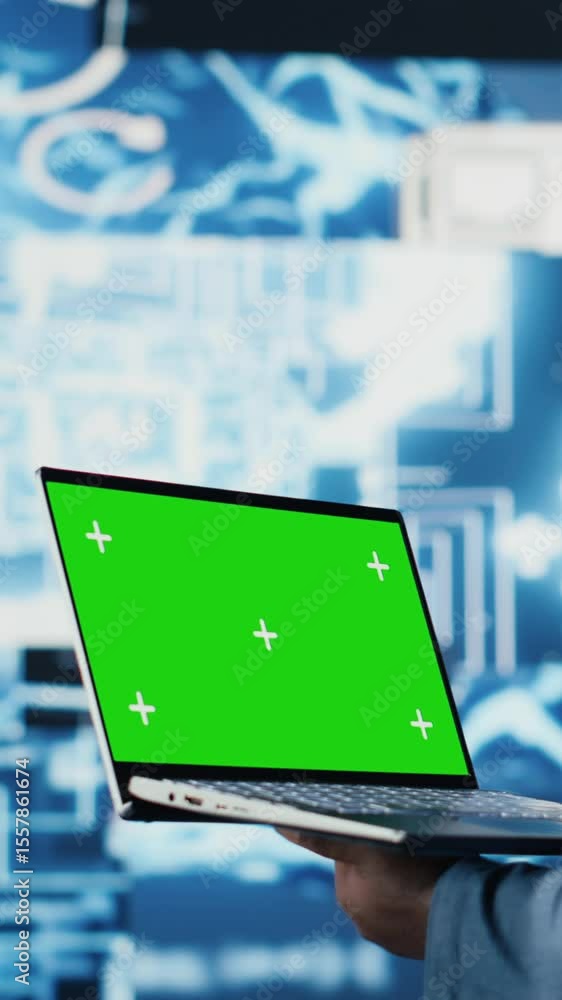 Poster vertical video young entrepreneur technician using advanced technology and green screen on laptop, e