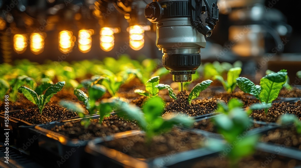 Poster robotic arm skillfully inserts seeds into soil trays, representing efficiency of next generation far
