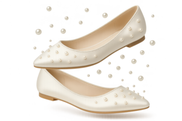 Elegant white pearl studded ballet flats isolated on transparent background.