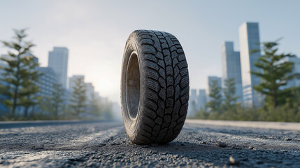 Obraz premium Vertical car tire on city road with urban skyline in background