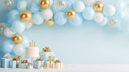 Aesthetic birthday setup with clean balloon garland, matching candles, and pastel theme creating serene party atmosphere