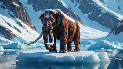 Woolly Mammoth Standing on Ice Floe in Arctic Landscape with Snow Covered Mountains and Glacial Environment