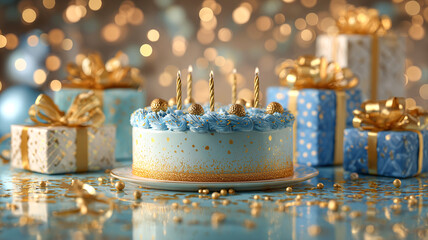 Aesthetic birthday cake with golden candles and blue highlights, arranged on a glossy table with elegant boxes
