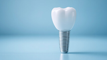 Ceramic tooth implant showcased elegantly on soft blue background, ideal for dental care advertisement visual