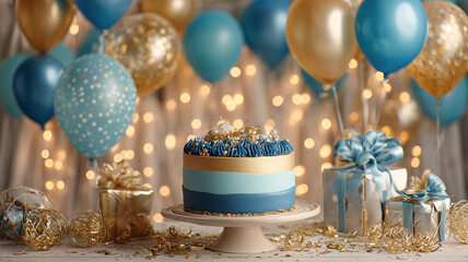 Charming birthday table with floating candles and ornate gold-blue cake surrounded by festive accessories