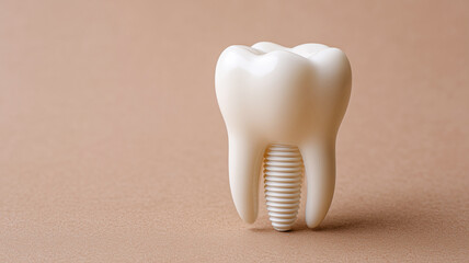 Clean bright ceramic tooth model placed on beige matte surface, ideal for dental mock-up visuals and product display