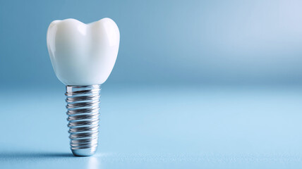 Detailed ceramic tooth implant placed on warm-toned blue backdrop for high-end dental promotional use