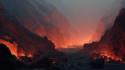 Fototapeta premium A dramatic volcanic terrain illuminated by glowing embers and molten lava, showcasing the raw power and fierce energy of an active volcanic landscape. Jagged rocks and scorched earth reflect intense h