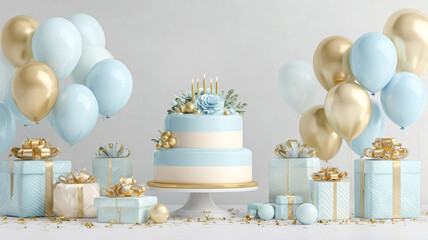Dreamy pastel-colored birthday setup with glowing candles and gifts placed under light blue and gold balloon decor