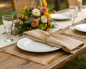 Rustic table setting with burlap napkin and flowers