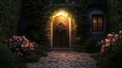 A cobblestone lane bordered by flowering hedges winding toward a warmly lit front door