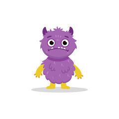 Cute cartoon monster on white background. Sad purple monster in flat style. Vector illustration.
