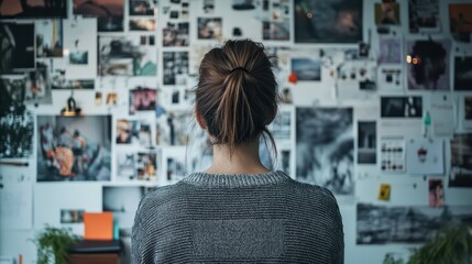 A creative person sketching mood boards and pinning inspirational photos on a feature wall