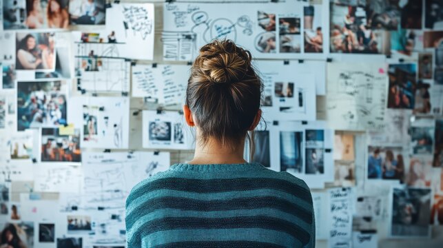 A creative person sketching mood boards and pinning inspirational photos on a feature wall