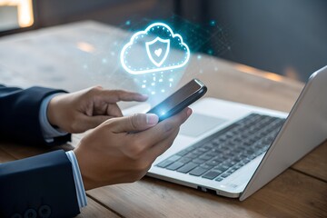 Cloud Security Concept, Data encryption, firewall Protection, continuous monitoring, protected data, privacy, and cloud computing solutions.