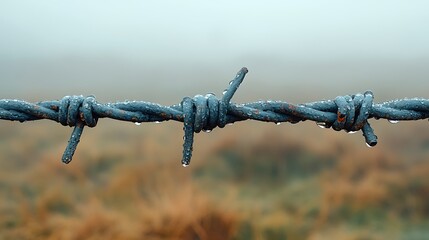 Barbed wire fence with water droplets