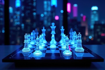 A futuristic chess set with transparent glowing pieces on a sleek black board, neon cityscape visible through a large window behind. The room is dark with blue and purple lights