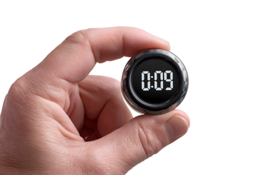 Hand holding stopwatch on transparent background