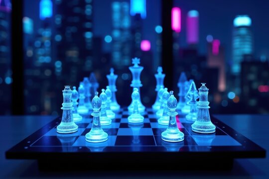 A futuristic chess set with transparent glowing pieces on a sleek black board, neon cityscape visible through a large window behind. The room is dark with blue and purple lights